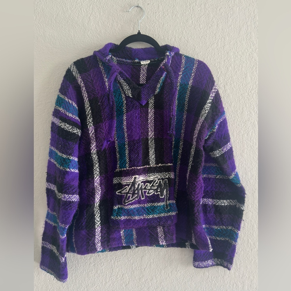 Vintage 90s Stussy Mexican Baja Poncho Pullover Blanket Hoodie